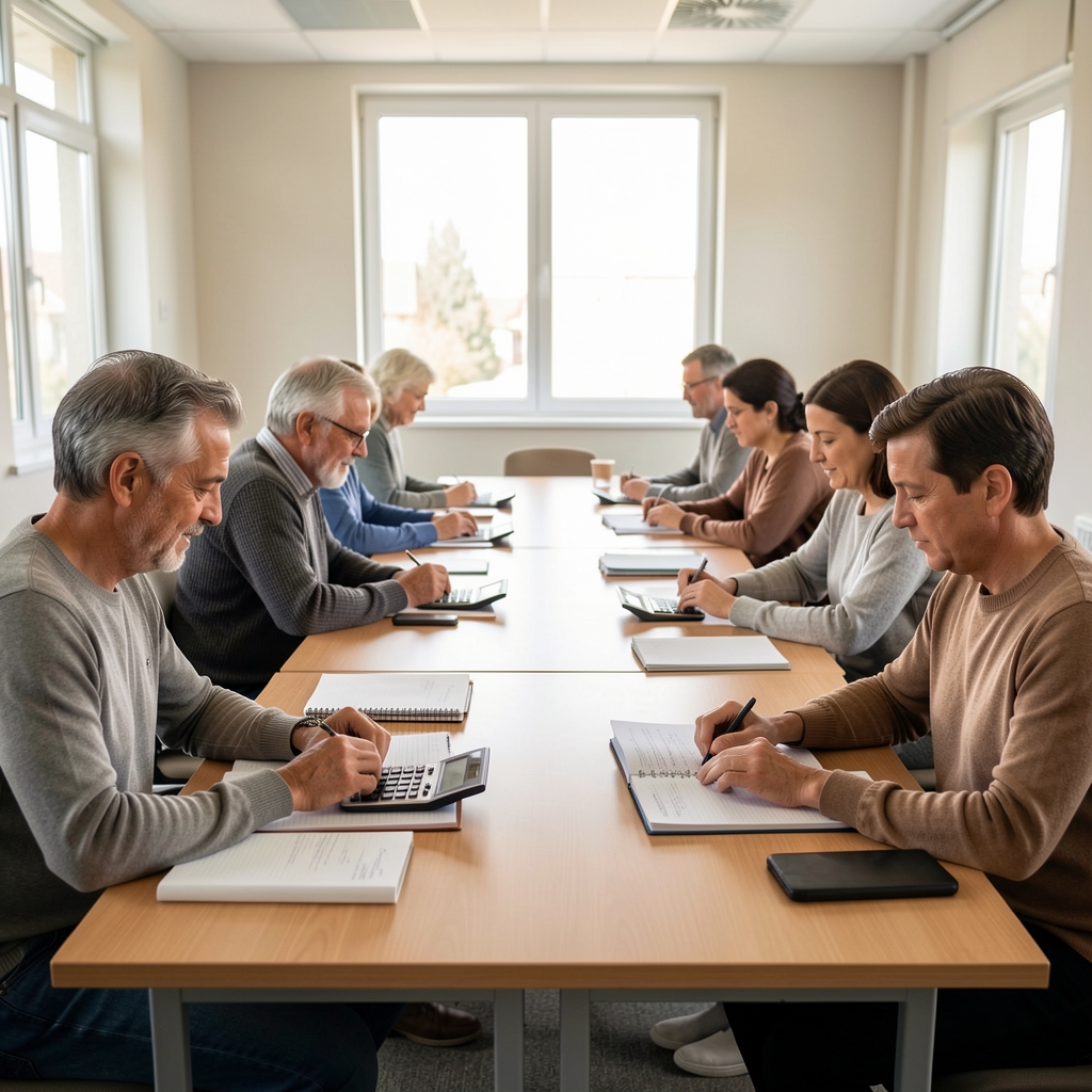 Aula de capacitación para adultos con personas sentadas en mesas trabajando con calculadoras y cuadernos