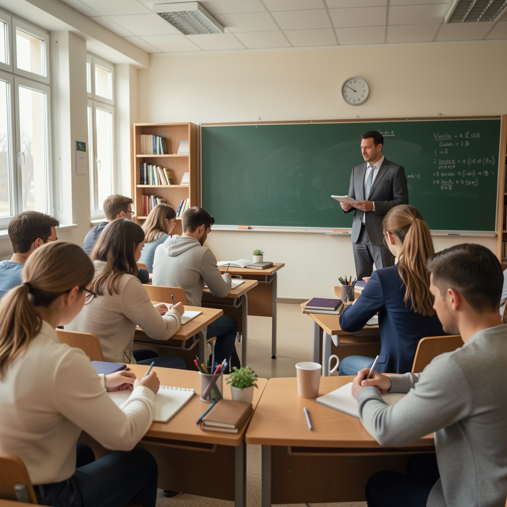 Aula universitaria con estudiantes tomando notas durante una clase de contabilidad con un profesor frente a un pizarrón
