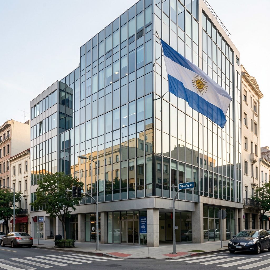 Edificio institucional de oficinas contables en el microcentro de Buenos Aires con fachada de vidrio y bandera argentina