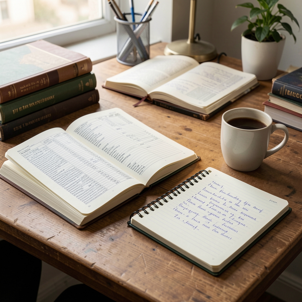Escritorio de estudio con libros de contabilidad abiertos, cuaderno de notas manuscritas y una taza de café