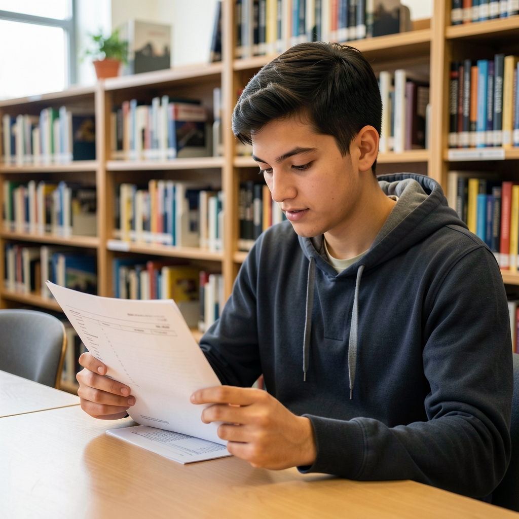 Estudiante universitario leyendo un informe financiero impreso en una biblioteca con estanterías de libros al fondo
