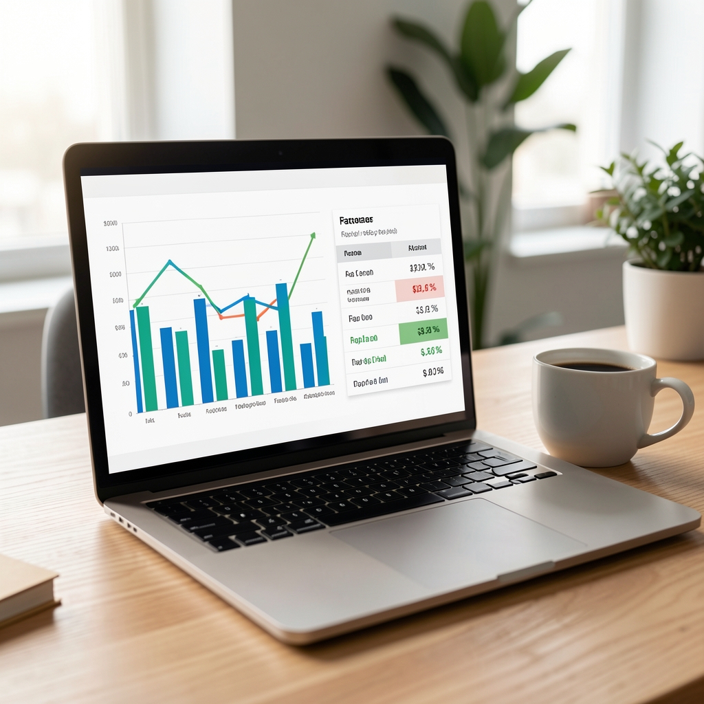 Pantalla de laptop mostrando gráficos de barras y líneas con ratios financieros junto a una taza de café sobre un escritorio