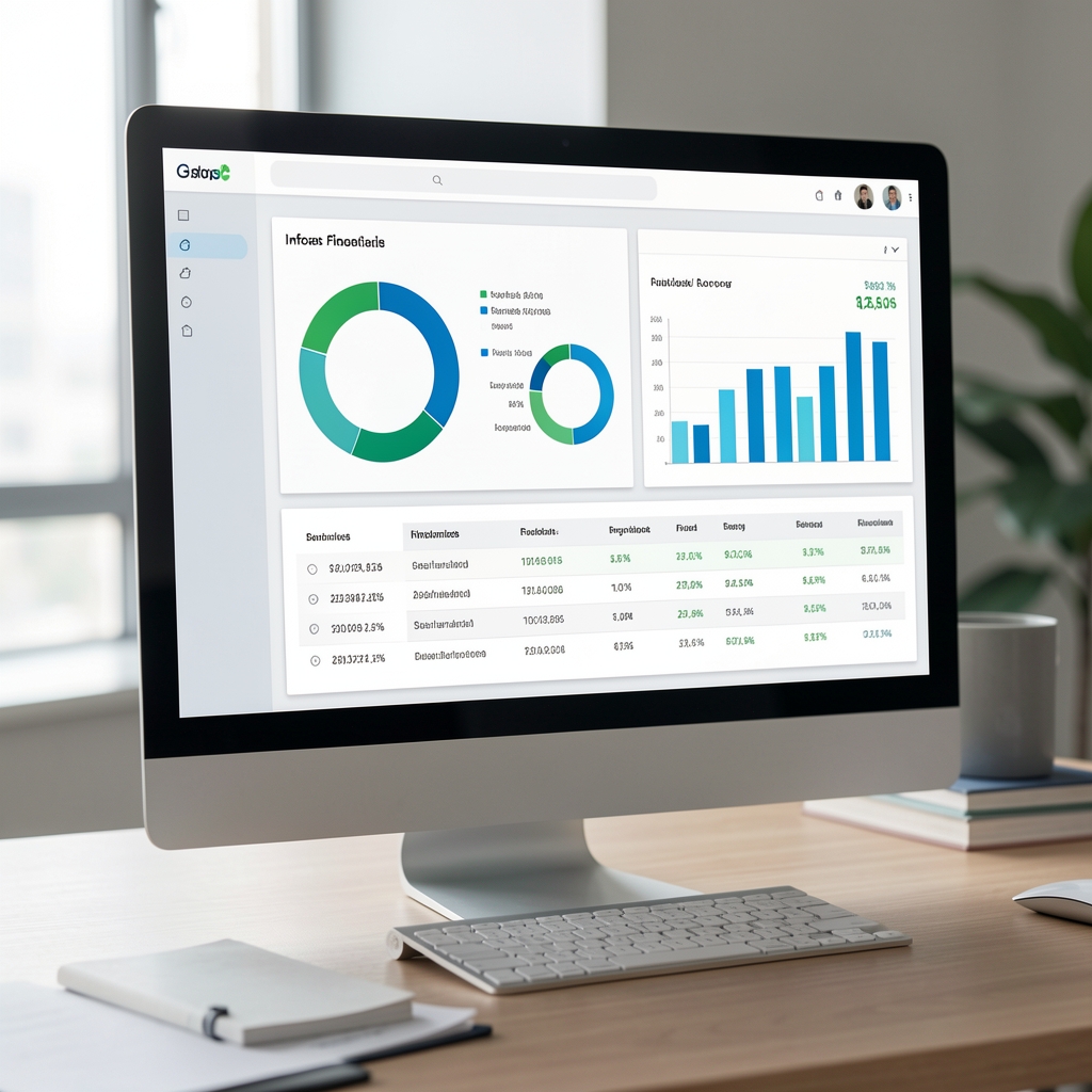 Pantalla de computadora mostrando un dashboard de informes financieros con gráficos circulares y tablas de datos