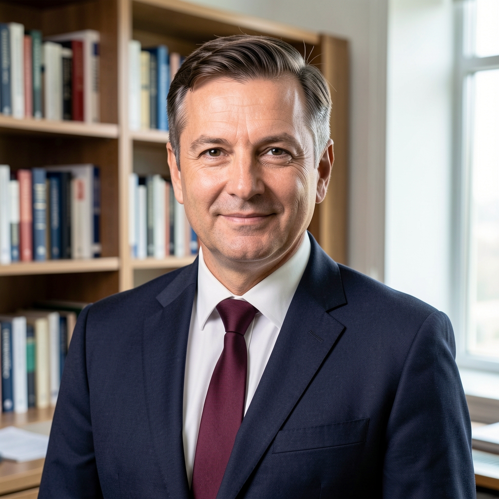 Retrato profesional de un hombre consultor en normativa contable de unos 45 años con traje formal en una oficina con estanterías de libros