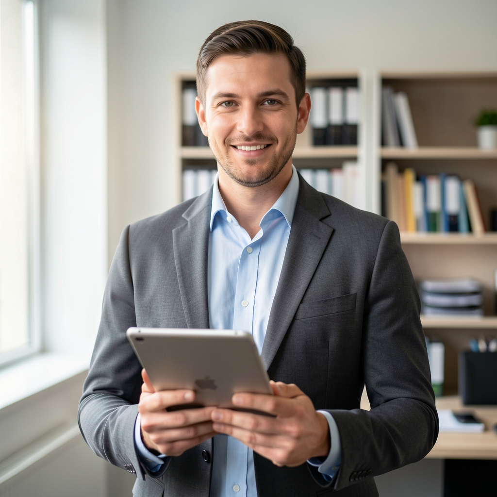 Retrato profesional de un hombre editor especializado en tecnología contable de unos 33 años sosteniendo una tablet