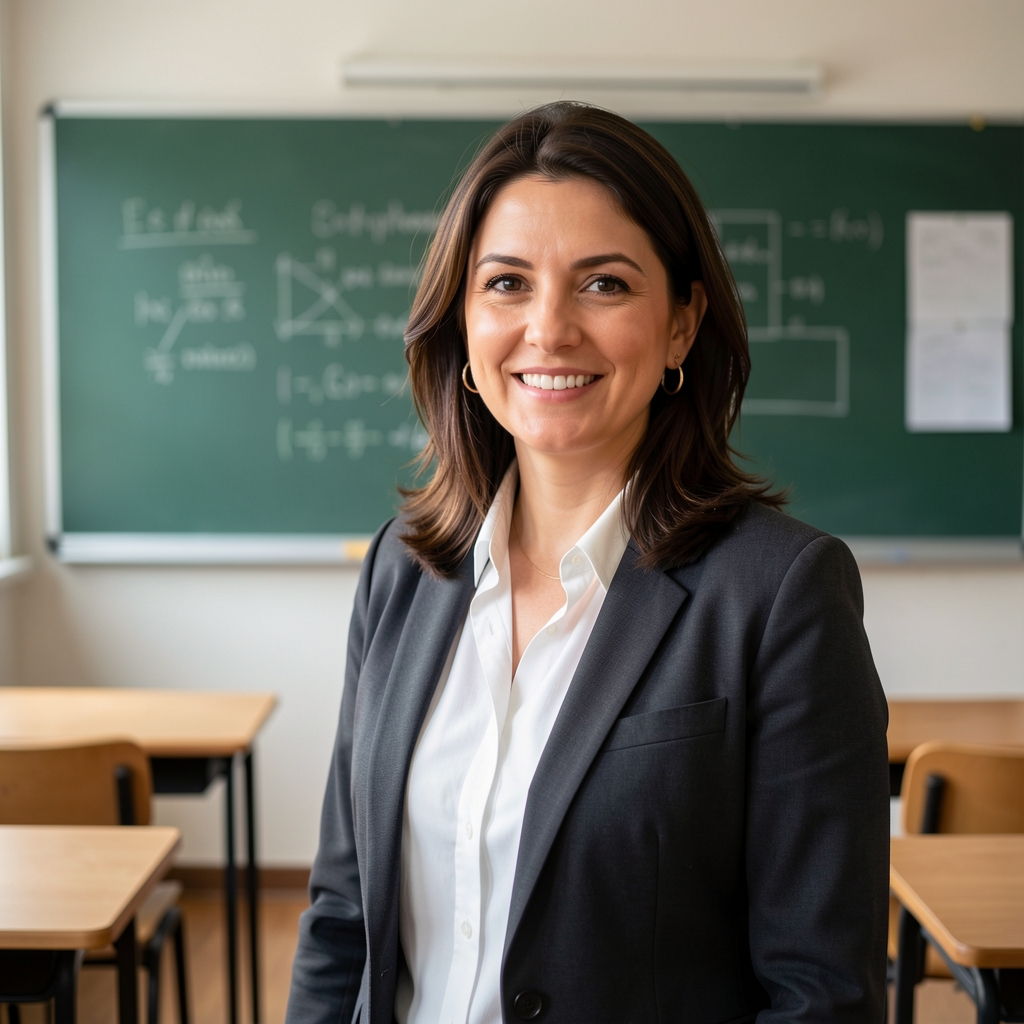 Retrato profesional de una mujer especialista en formación profesional de unos 38 años en un aula con pizarra al fondo