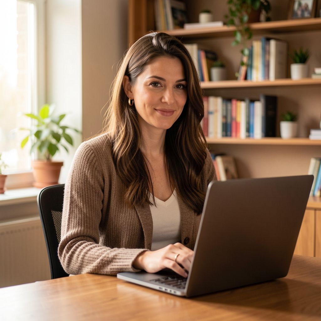 Retrato profesional de una mujer redactora de contenidos de unos 30 años frente a una laptop en un ambiente de oficina cálido