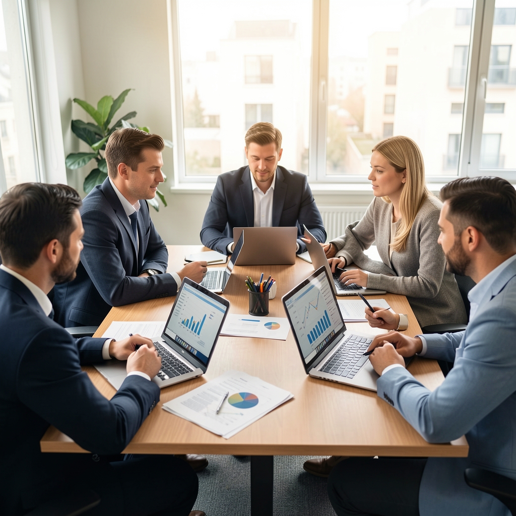 Grupo de profesionales de contabilidad reunidos alrededor de una mesa discutiendo informes financieros con laptops